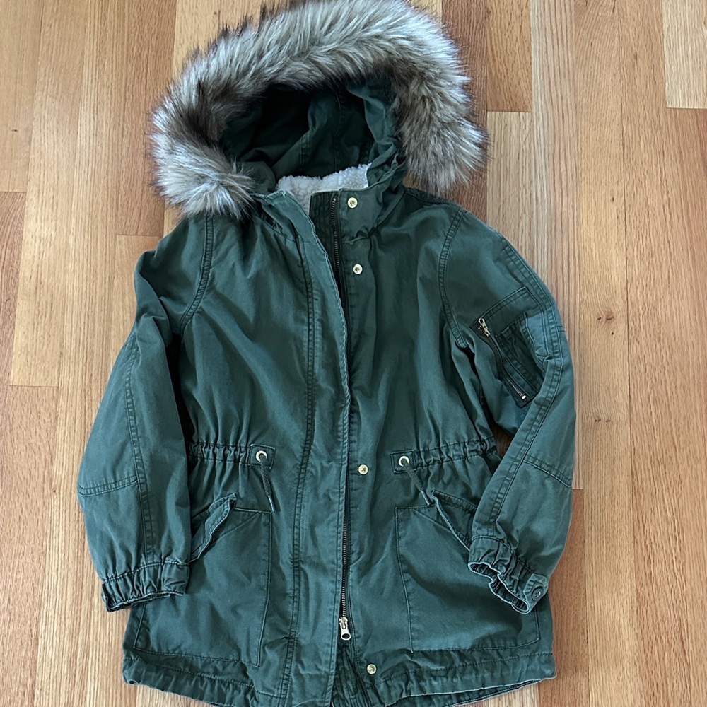 Gap Kids Green Parka Jacket with Faux Fur Hood M